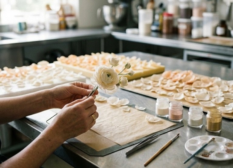 Sugar flowers in progress on the studio bench, petals drying on parchment