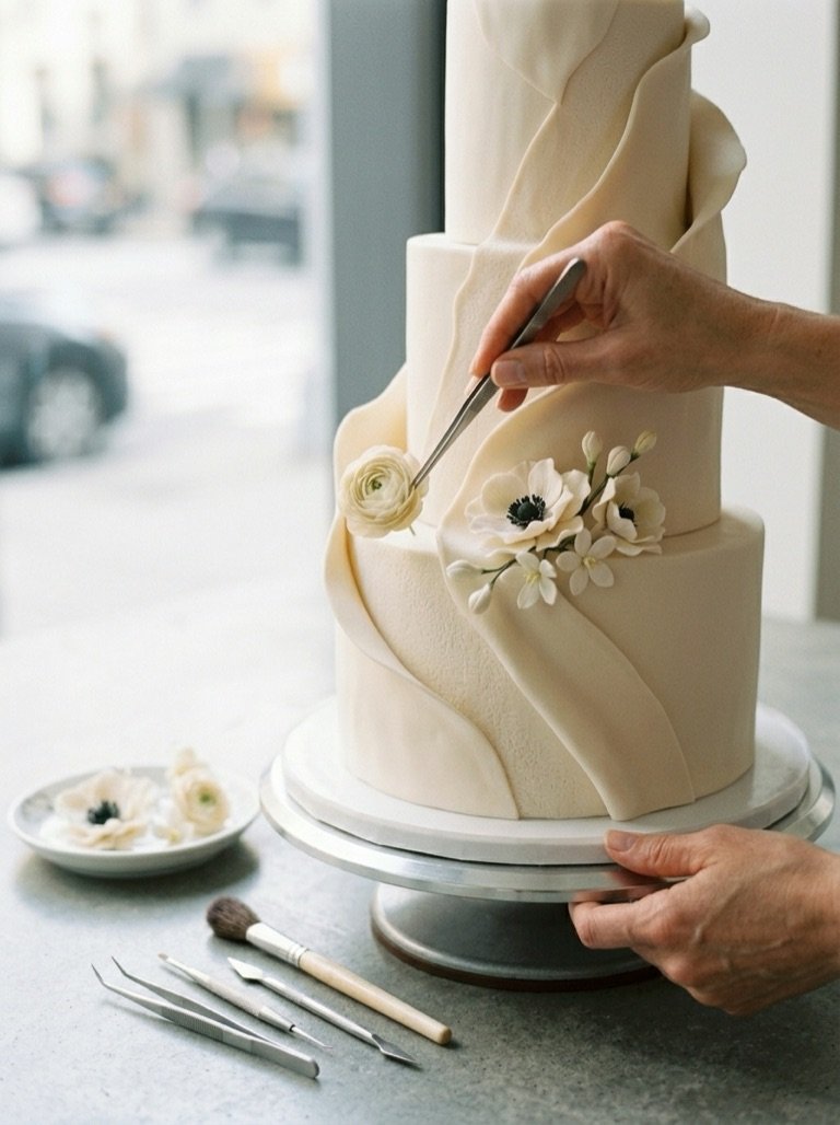 A pastry maker’s hands setting sugar flowers onto a cake at the studio bench
