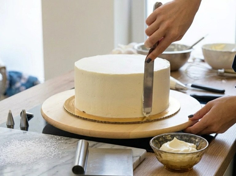 Hands smoothing a coat of cream around a layered cake on a turntable