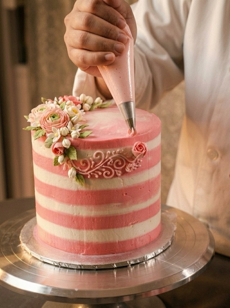 A cake being decorated by hand, mid-flow, in the studio