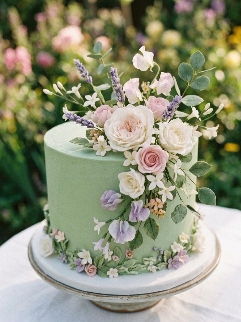 Soft green cake dressed with sugar flowers for a garden table