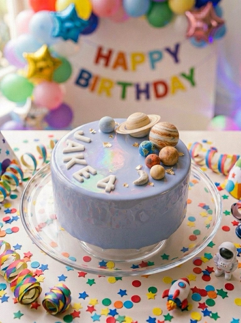 Pale periwinkle cake photographed in cool evening light