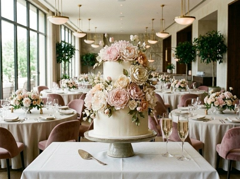 A two-tier ivory cake almost entirely covered in blush and cream sugar peonies