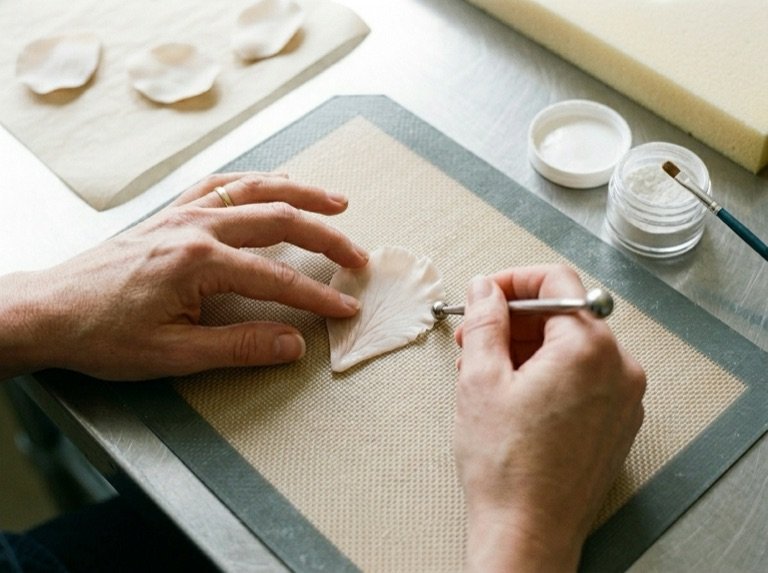 Hand-frilling a sugar petal with a ball tool at the bench, finished petals drying nearby