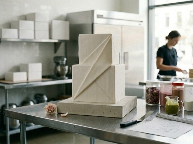A two-tier matte white cake with creased corners and a single diagonal fold