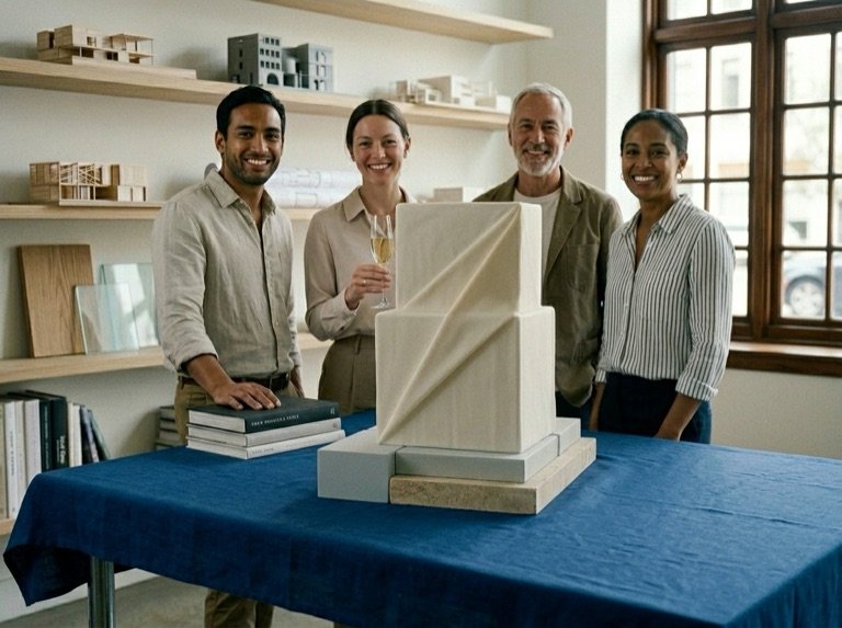 The folded white cake presented to the design studio, architecture models on the shelves behind