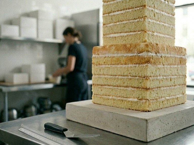 The bare square layered sponge tiers on a concrete board before icing, in the studio