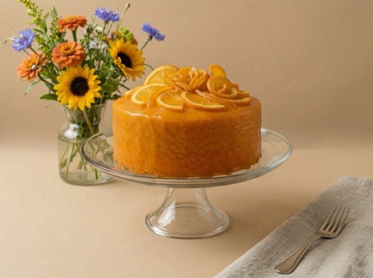 A single-tier bitter-orange birthday cake ringed with candied peel