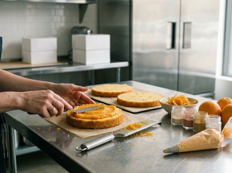 Spreading bright orange curd over a sponge layer at the studio bench, with oranges and spices