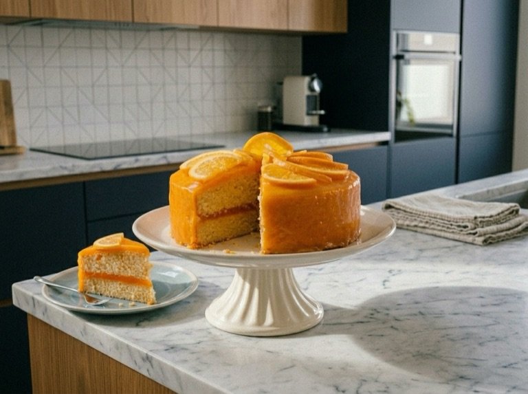 The orange-glazed cake on a stand with one slice cut, in a modern kitchen
