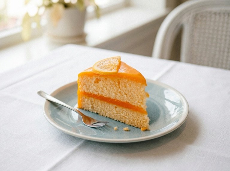 A single slice on a plate, showing two sponge layers with orange curd and candied peel on top
