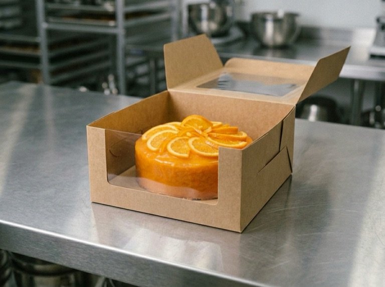 The finished cake boxed in a kraft cake box, ready to leave the studio