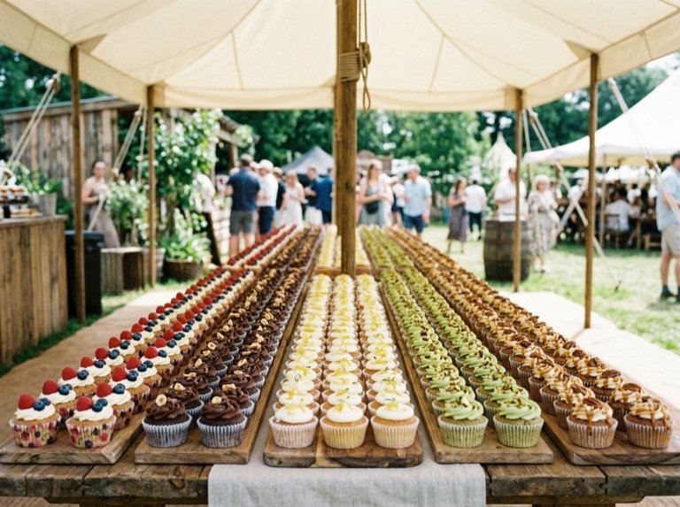 A long table of single-serve festival cakes in five flavours