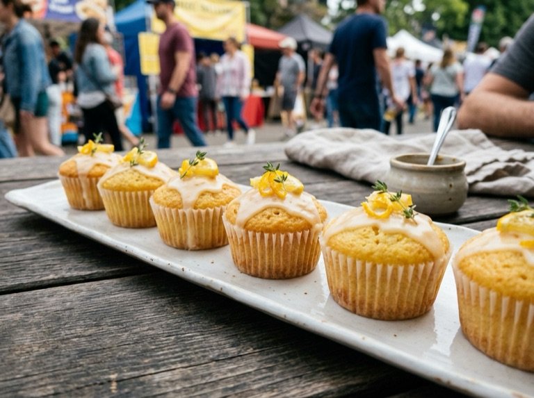 A close run of single-serve lemon cakes topped with glaze and thyme, the market behind