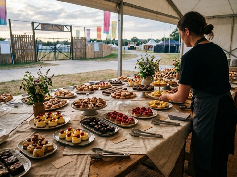 A baker arranging plates of single-serve cakes along the festival table at dusk
