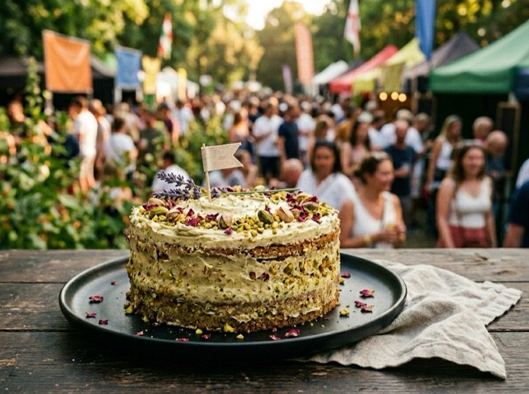 One pistachio cake on a dark plate, photographed against the festival crowd