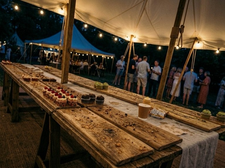 The long table at night under string lights, the trays handsomely half-emptied