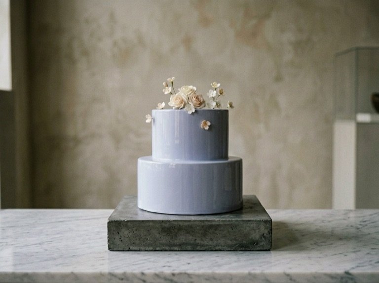 The finished two-tier periwinkle cake on a concrete plinth under gallery lighting