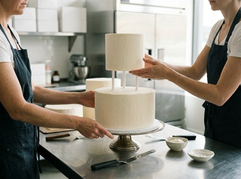 Two bakers in aprons stacking the cake’s tiers in the studio kitchen