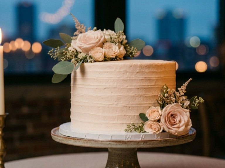A blush single-tier cake with a comb-textured side and pale roses, against a loft window at dusk