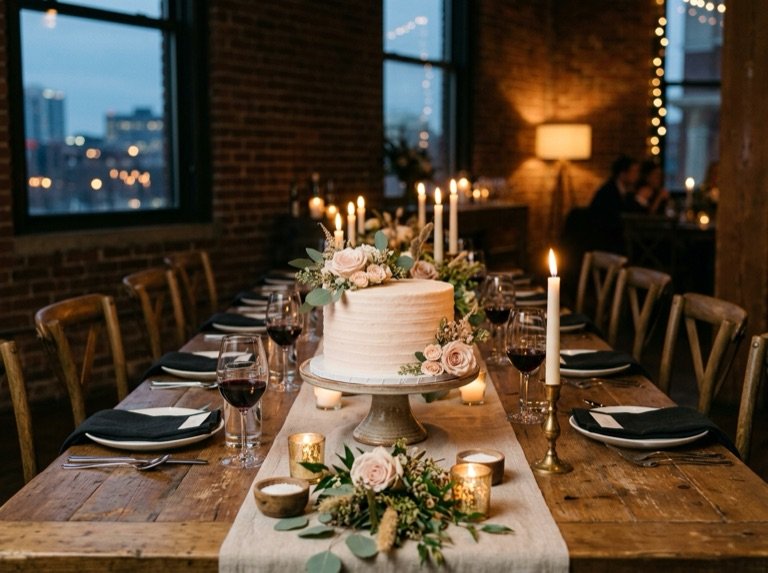 The cake as the centrepiece of a candlelit loft dinner table, the city skyline beyond