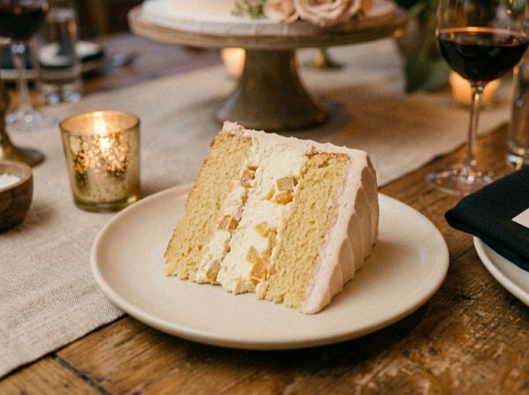 A slice on a plate showing the sponge layers and diced candied fruit, on the loft table