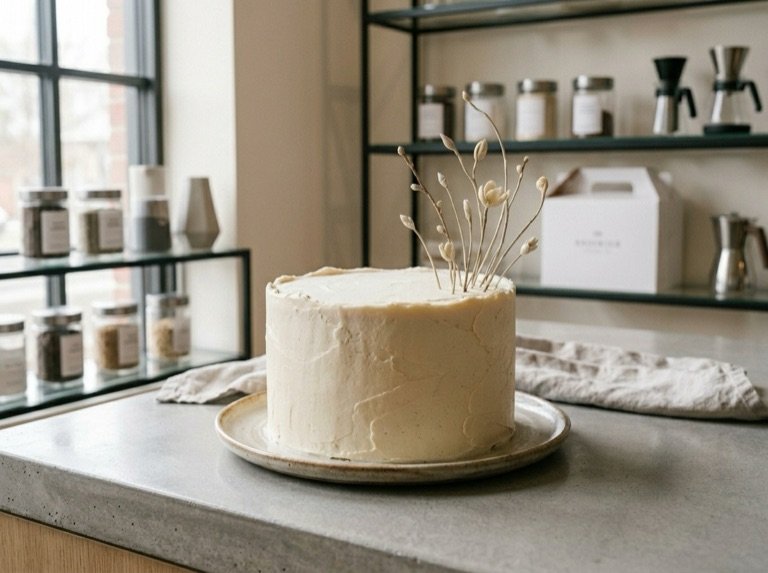 A pale single-tier cake wearing exactly nine sugar stems, grouped off-centre