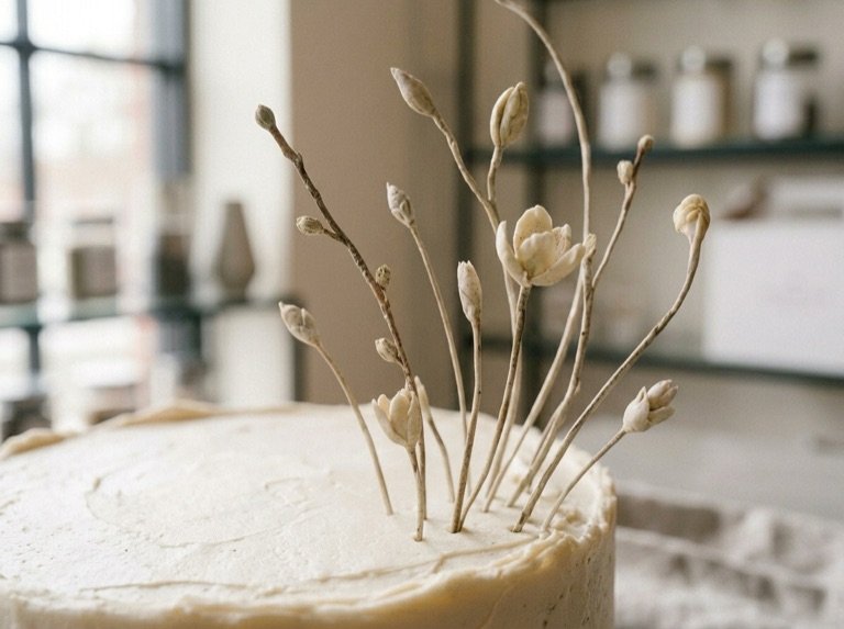 Close detail of the nine hand-wired sugar stems rising from the pale tier