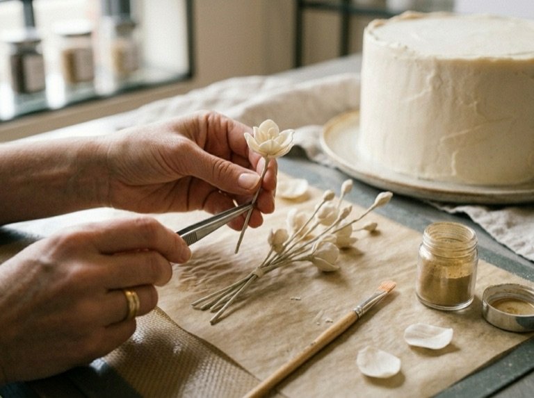 Assembling the wired sugar stems with tweezers at the bench, the iced cake waiting