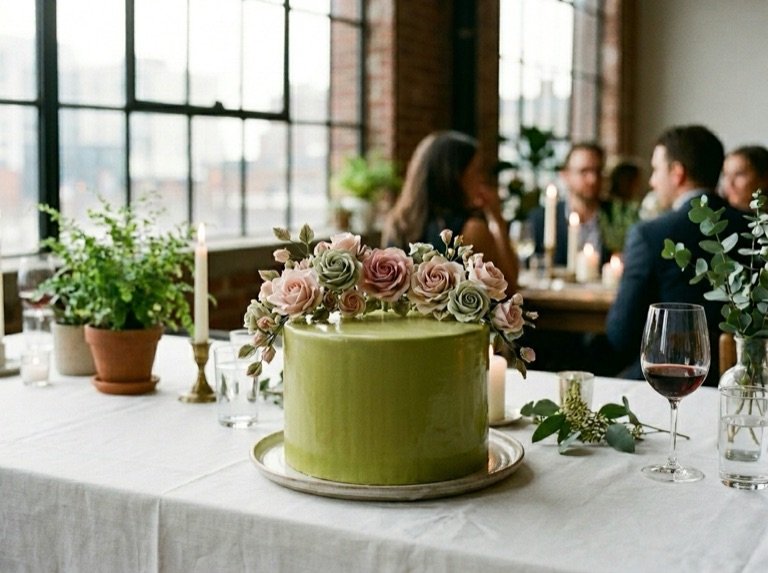 Single-tier pale green pistachio cake crowned with a low arc of sugar roses