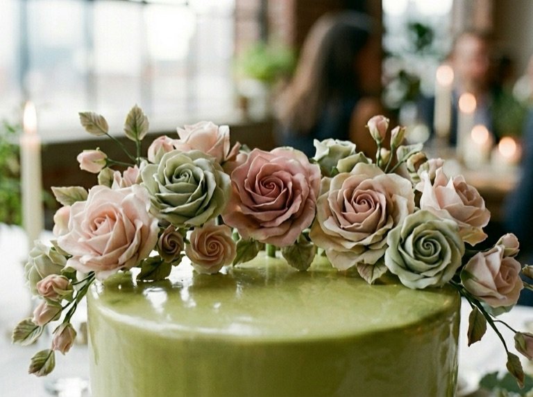 Close detail of the crown of blush and sage-green sugar roses on the glossy green tier