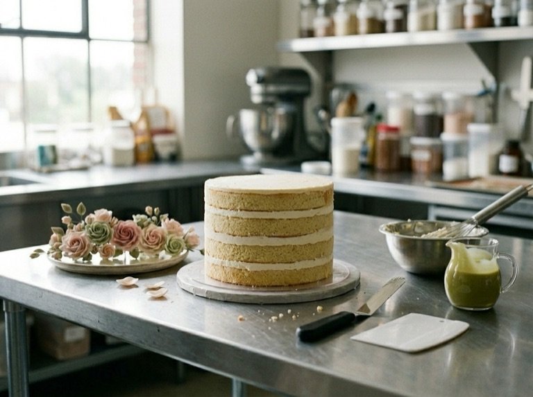 The bare layered sponge on the studio bench, with the sugar roses and pistachio cream waiting