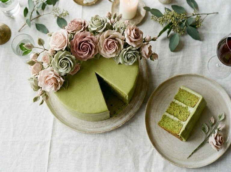 Overhead view of the green cake with a wedge cut, showing the pistachio sponge layers