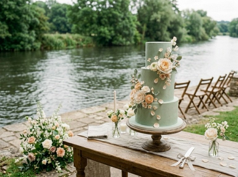 A three-tier sage-green wedding cake with peach and cream sugar roses, on a table by the river