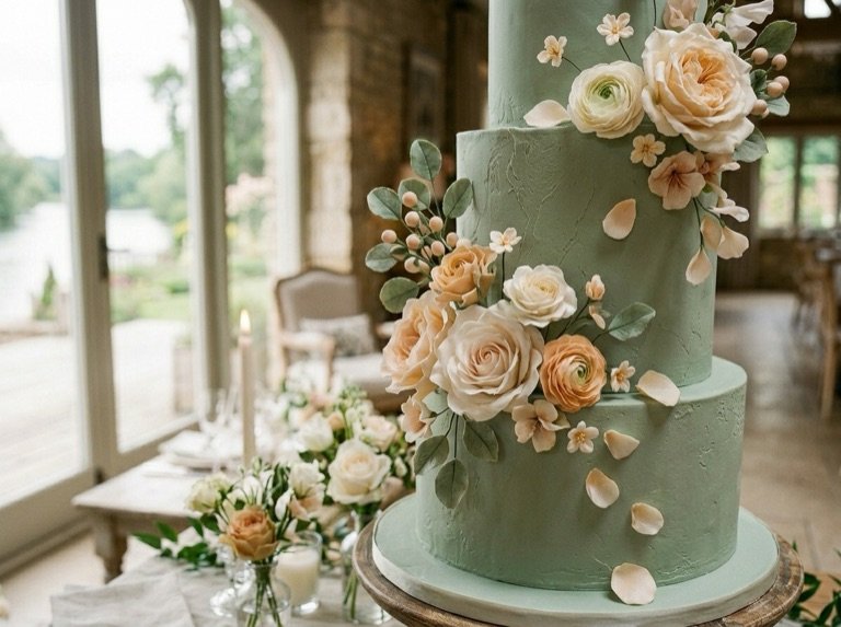 Close detail of the peach and cream sugar roses cascading down the sage-green tiers