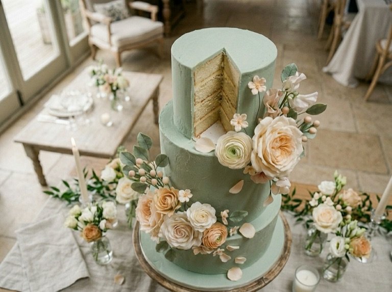 Overhead view of the sage-green cake with a wedge cut, showing the sponge layers