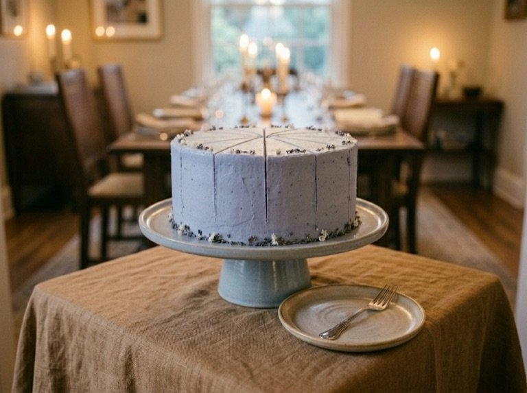 The periwinkle tier on a stand at the head of a candlelit dinner table