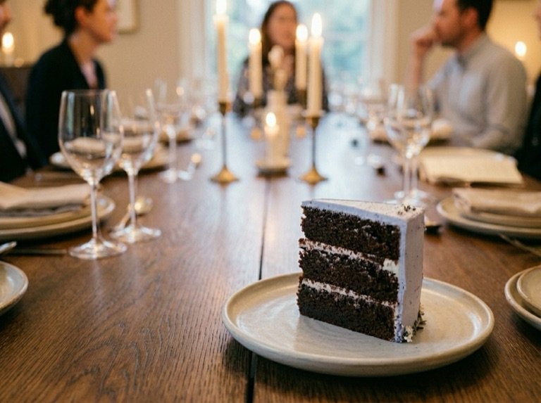 A slice on a plate showing the dark chocolate sponge layers, guests at the table beyond